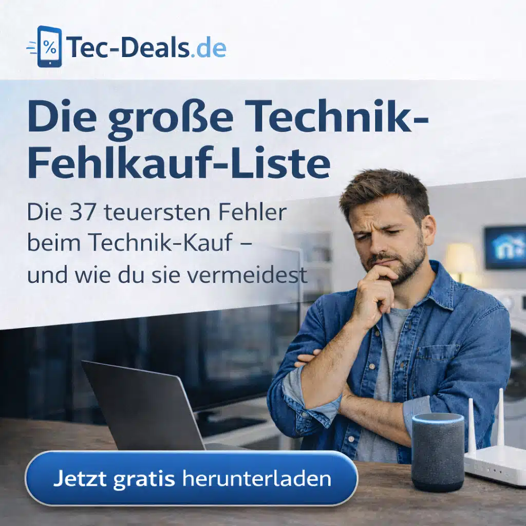 Mann steht nachdenklich vor Laptop und Technikgeräten – Titelbild zur Technik-Fehlkauf-Liste mit 37 typischen Fehlern beim Technik-Kauf