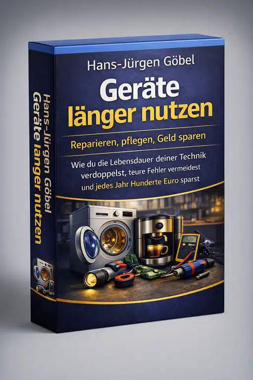 3D Buchcover „Geräte länger nutzen – Reparieren, pflegen, Geld sparen“ von Hans-Jürgen Göbel mit Waschmaschine, Kaffeemaschine und Reparaturwerkzeug zur Verlängerung der Lebensdauer von Haushaltsgeräten. Ratgeber Bücher